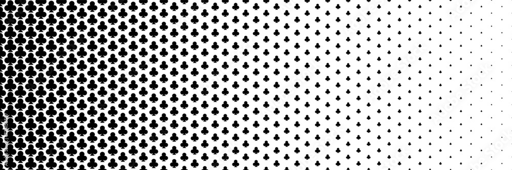 Poster horizontal black halftone of clubs icon of playing card design for pattern and background.