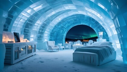 vision of an ice hotel, with transparent walls revealing the aurora borealis, and furniture carved...