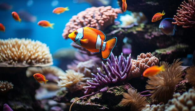 Colorful fish swim in a vibrant underwater reef ecosystem generated by AI