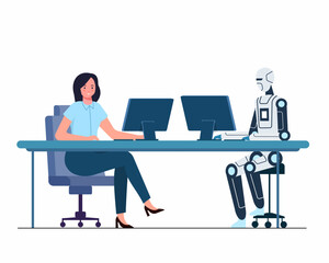 A human working with a Artificial intelligence robot sitting at laptops in workplace together digital technology