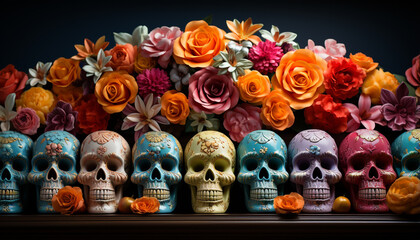 Spooky Halloween decoration skull, flower, and human skeleton generated by AI