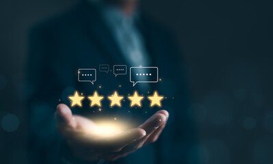 User feedback and review satisfaction, 5 star score, happy smile, Service experience rating online...