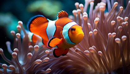 Naklejka na ściany i meble Close up of a vibrant clown fish swimming in a reef generated by AI