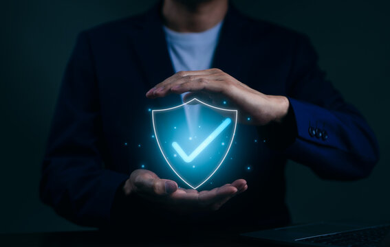 Businessman show standard quality control certification assurance guarantee for automation process. Quality management, Standardization, health insurance, Audit Service company, business certificate,