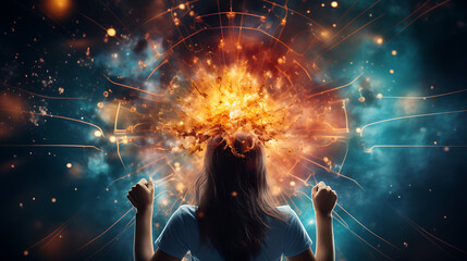 person with flame in head, burning and energy isolated on dark blue background, in the style of ethereal mixed media, pattern explosion, science academia, inspirational, wormcore, light amber, - obrazy, fototapety, plakaty
