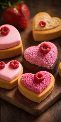 Heart-shaped cookies lie on a wooden board.