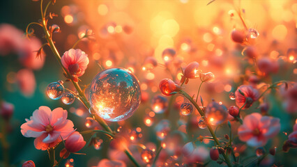 Pink flowers with dewdrops in the glory morning light, magic and beautiful natural - obrazy, fototapety, plakaty