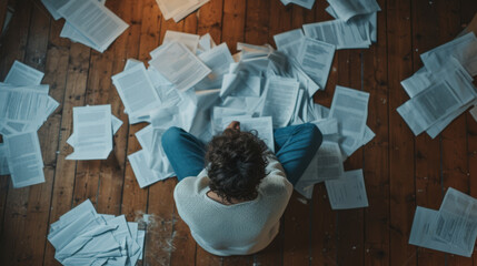 Person is sitting on a hardwood floor surrounded by an array of scattered papers and documents, suggesting a sense of stress or overwhelming work.