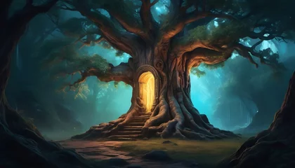 Foto auf Acrylglas painting of an ancient tree with a doorway glowing in its trunk, leading to a luminous, enchanted realm © JazzRock