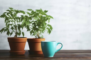 Cannabis plants in flower pots on wooden table