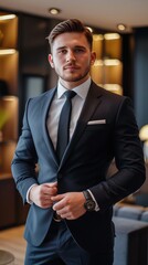 young professional perfects his look in a world of corporate luxury