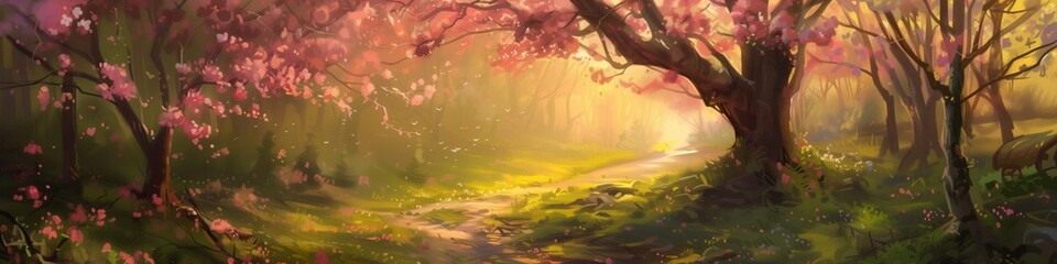 Obraz na płótnie Canvas spring equinox concept banner, awakening along a tranquil trail of blooming cherry trees