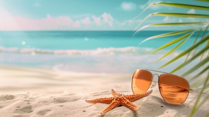 Fototapeta na wymiar pair of sunglasses and a starfish on the sandy shore, with the beautiful blue ocean and sky in the background. 