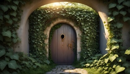 a secret garden door, overgrown with ivy, and a keyhole emitting a mysterious golden light.
