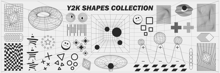 Abstract geometry wireframe shapes and patterns, cyberpunk elements, signs and perspective grids. Surreal geometric retro signs. Rave psychedelic futuristic Y2k acid aesthetic set. Vector illustration