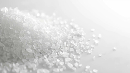 Close Up View Of White Polyester Grains Against A White Background. Industrial Raw Material for Plastics Manufacturing