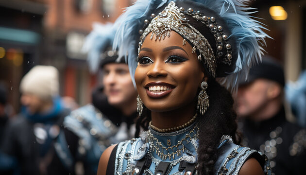 Young adults in traditional clothing smiling at the camera during a festive parade generated by AI