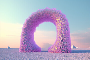 Surreal crystal gate or arc. Fictional architecture or sci-fi object in the desert.