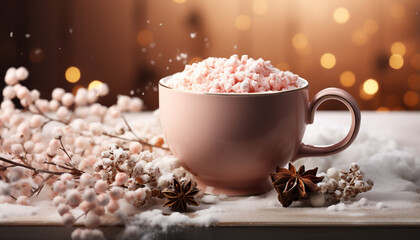 Fototapeta na wymiar Winter celebration hot drink, sweet food, cozy wood table, snowflake decoration generated by AI