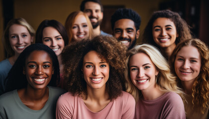 A cheerful group of young adults smiling, looking at camera generated by AI