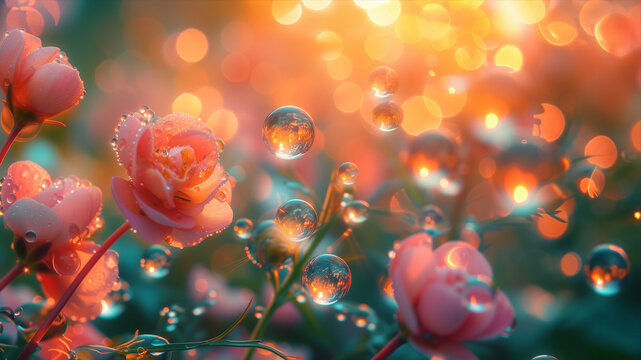 Pink flowers with dewdrops in the glory morning light, magic and beautiful natural