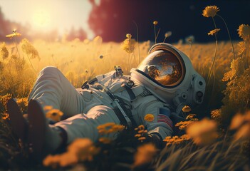Astronaut lying in a flower meadow, golden hour, afternoon light. Created with AI. Generative AI