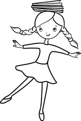 balancing girl with books outline cartoon vector illustration