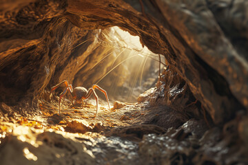 Spider crawling in the cave. Dangerous insect from fairytale. - obrazy, fototapety, plakaty