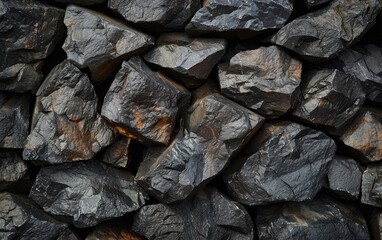 Close-up view of a pile of coal with a rough, irregular shape and texture.