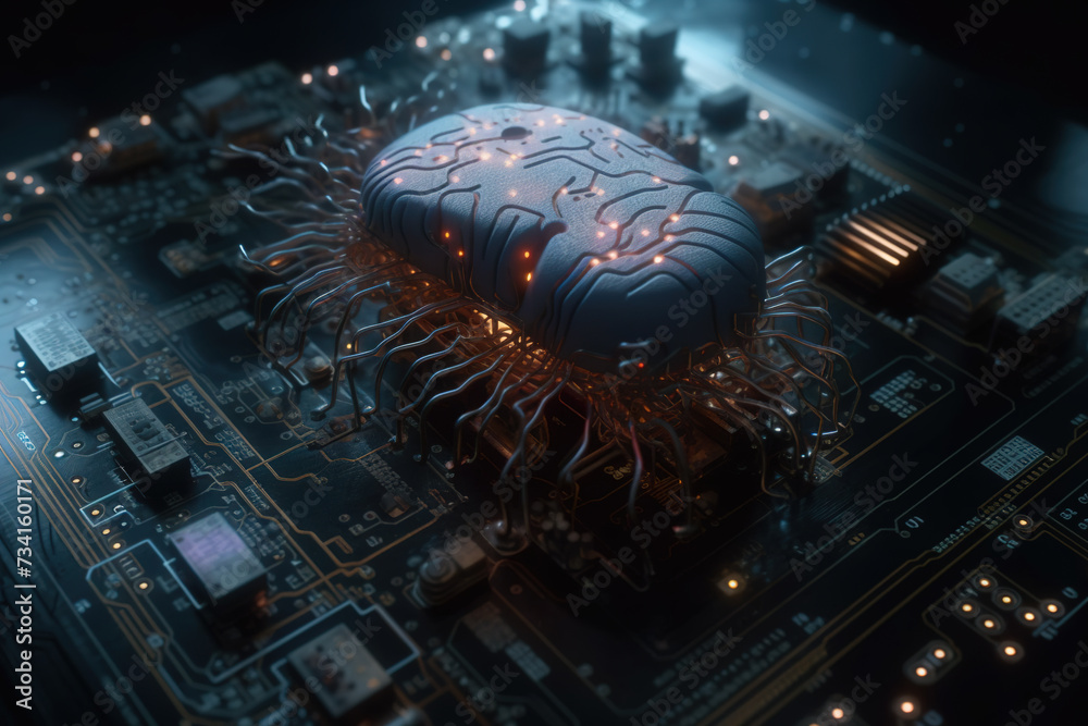 Poster Artificial intelligence science concept with technological AI brain on the circuit board.