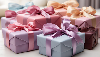 A stack of wrapped gift boxes, a celebration of love generated by AI