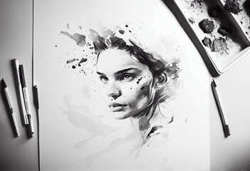 Disegno acquerello mente brillante sfondo bianco. Generative AI