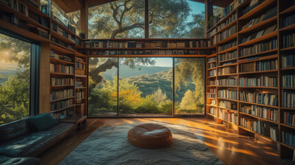 Warm inviting scenic home office library with expansive view of nature in golden hour sunlight. Rustic wood bookshelf in cozy decorated room. Virtual online zoom presentation meeting room background.