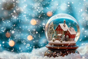Fototapeta na wymiar A snow globe with a house in the middle of it and snow falling from the sky in front of it and a blue background with white snowing trees and snow.