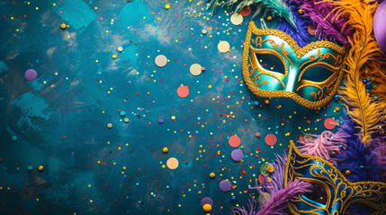 Capture the Essence of Mardi Gras with a Flat Background Featuring Masks, Beads, and a Kaleidoscope of Bright Colors, Providing Ample Copy Space for Your Creative Expression.