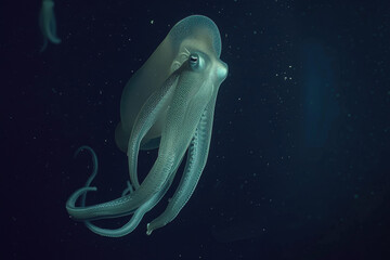 A captivating image of a deep-sea nosferatu squid drifting in the inky depths