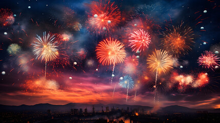 Fototapeta na wymiar Spectacular FS Fireworks Show Illuminating the Night Sky with Colourful Radiance and Spectator Awe.
