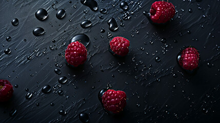 Fresh raspberries on wet dark background.