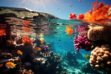 A vibrant coral reef teaming with diverse marine life. - obrazy, fototapety, plakaty