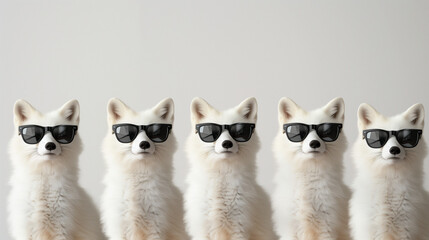 White polar foxes wearing black sunglasses in a row on a minimal white background. Black and white