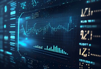 Concept of stock market and fintech forex concept. Blurry blue digital charts over dark blue background. Futuristic financial interface. 3d render illustration. Generative AI - obrazy, fototapety, plakaty