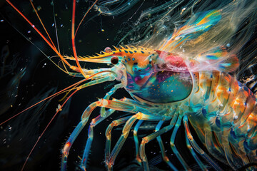 A vibrant deep-sea shrimp exploring the ocean floor