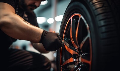A skilled car mechanic changes tire on a car wheel. Tire change concept