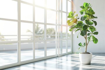 Ficus lyrata near the window in a white, bright interior. Copy space.
