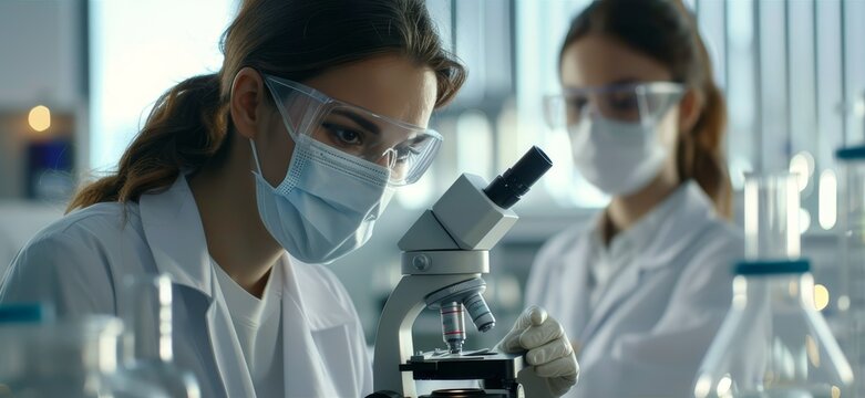 Two female scientists in PPE working together with a microscope in a research lab.