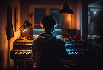 In a dimly lit room, a guy plays an electronic piano. Generative AI