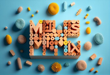 Word Microbes made with wooden cubes and pills on light blue background, flat lay. Generative AI