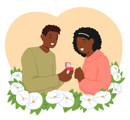 Black Man Tenderly Offers A Radiant Engagement Ring With Trembling Hands To Happy Woman Inside Of Blooming Floral Frame