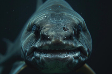 A mesmerizing close-up of a deepwater goblin shark in its natural habitat