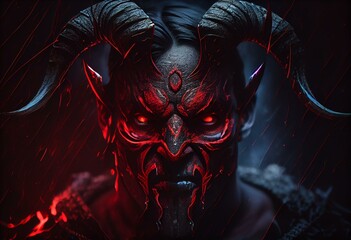 a demonic mask with horns and glowing eyes on a dark background with a lightning effect in the center of the mask is a glowing red eye.  generative ai